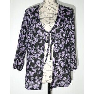 Jaclyn Smith Vintage Sheer Floral Tie-Front Blouse Black Purple Cardigan Top M